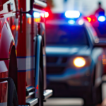 Emergency vehicles with flashing lights, including a fire truck and police car, are visible in a blurred urban setting at dusk.