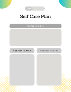 A self care plan template with sections for date, top priorities, goals for mind, and goals for body, featuring a clean and simple design.