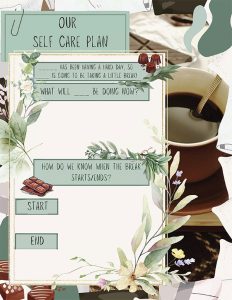A decorative self-care plan template with spaces to fill in activities, start and end times, floral designs, chocolate, and a cup of coffee.