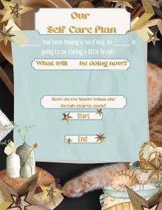 A decorative self-care plan form with prompts, surrounded by stars, plants, and seashells, with a cat partially visible in the background.
