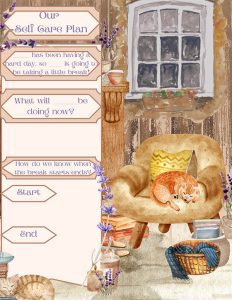 A cozy room scene with a cat sleeping on an armchair, surrounded by books and plants. Text boxes on the left outline steps for creating a self-care plan.