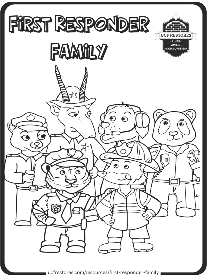 Cartoon animals dressed as first responders, including police officers, a firefighter, and a medic, with "First Responder Family" text above them.