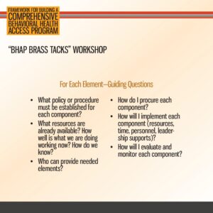 Slide from a workshop presentation titled "BHAP BRASS TACKS" listing guiding questions for establishing and evaluating components of a behavioral health access program.