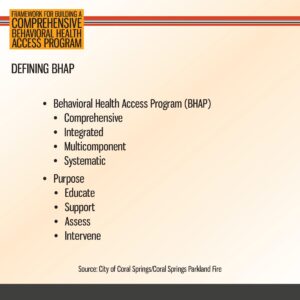 Slide defining the Behavioral Health Access Program (BHAP) as comprehensive, integrated, multicomponent, and systematic, with the purposes to educate, support, assess, and intervene.