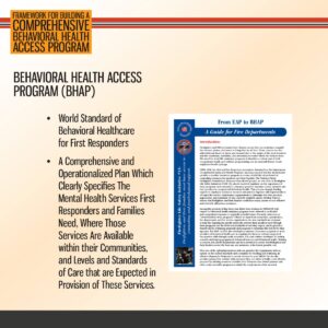 A slide about the Behavioral Health Access Program (BHAP) outlining world standards for first responders and details on available mental health services, with an example guide shown.