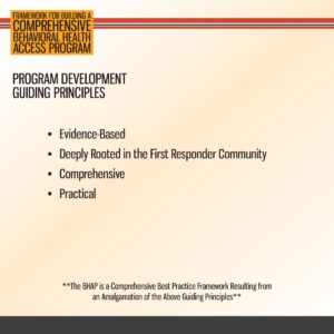 Slide featuring guiding principles for program development: evidence-based, rooted in the first responder community, comprehensive, and practical. Text note about the BHAP framework at the bottom.