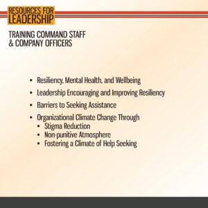 Slide titled "Resources for Leadership" lists staff training topics: resiliency, mental health, barriers to assistance, stigma reduction, non-punitive atmosphere, and help-seeking climate.