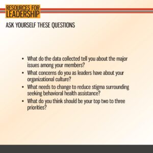 A slide titled "Resources for Leadership" lists four questions for leaders about data, concerns, cultural change, and setting top priorities in behavioral health.