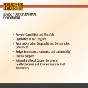 Slide titled "Resources for Leadership" lists factors for assessing operational environment, including provider capabilities, EAP, geographic differences, budget, political support, and health data.