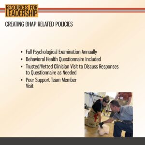 Slide listing BHAP-related policy requirements, including annual psychological exams and team visits; photo shows two people practicing medical techniques on a training manikin.