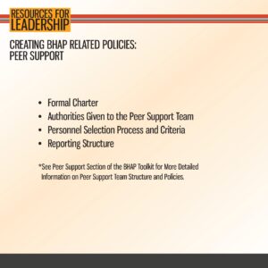 Slide titled "Creating BHAP Related Policies: Peer Support" lists items: Formal Charter, Authorities, Personnel Selection Process, Reporting Structure, and a note to see toolkit for more details.
