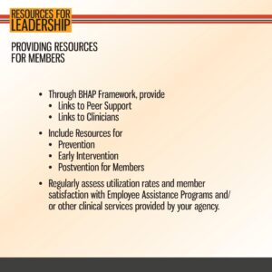 A slide titled "Resources for Leadership" lists ways to support members, including peer support, clinician links, prevention, early intervention, and regular program assessment.