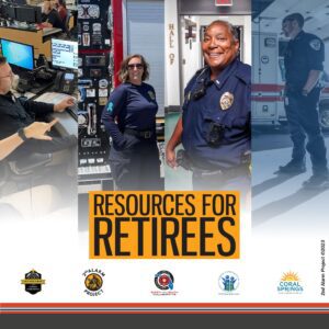 Collage of first responders at work, including dispatchers, firefighters, and police officers, with the text "Resources for Retirees" in large font at the center.