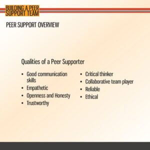A slide titled "Peer Support Overview" listing qualities of a peer supporter, including communication, empathy, honesty, trustworthiness, critical thinking, teamwork, reliability, and ethics.
