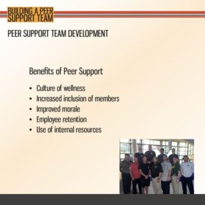 A presentation slide titled "Peer Support Team Development" lists benefits of peer support; a group photo of people standing together is shown in the lower right corner.