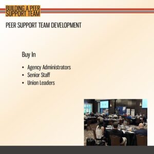 Slide titled "Peer Support Team Development" lists "Buy In" factors and shows a conference room with attendees seated at round tables.