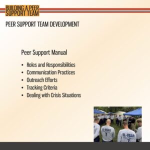 Slide titled "Building a Peer Support Team" lists steps for peer support team development, including roles, communication, outreach, tracking, crisis; photo shows group in FL-USAR shirts outdoors.
