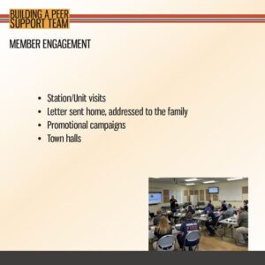 Slide titled "Member Engagement" lists ways to engage members, with a photo of people seated in a meeting room facing a presentation screen.
