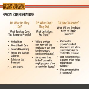 Informational graphic outlining special considerations for outpatient behavioral health services, detailing service types, limitations, and access requirements for employees.