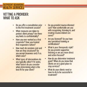 A checklist of questions for vetting an outpatient behavioral health services provider, including topics on privacy, trauma-informed care, insurance, and therapy structure.