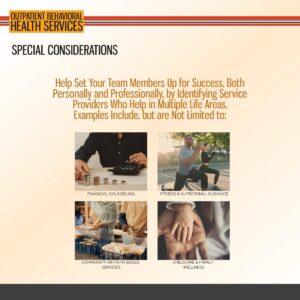 Four images illustrate services: financial counseling, fitness guidance, community or faith-based services, and childcare and family wellness, under outpatient behavioral health services.