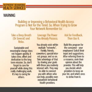Informational poster with tips for building a behavioral health access program, including self-care, networking, and seeking feedback, under an "Outpatient Behavioral Health Services" header.