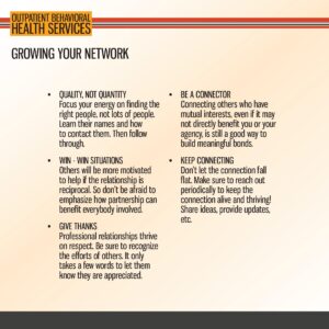 An informational slide titled "Growing Your Network" lists tips on networking: quality over quantity, win-win situations, giving thanks, being a connector, and keeping connections active.