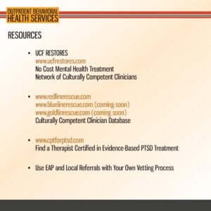 Slide listing mental health resources, including UCF RESTORES, clinician databases, and a site to find PTSD therapists, along with a note on using EAP and local referrals.