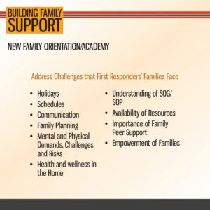 Slide titled "Building Family Support," listing challenges first responders’ families face, including holidays, schedules, communication, resources, and health in the home.