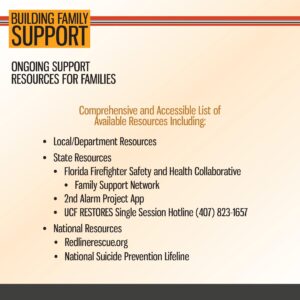 Image listing family support resources: local/department, state (including Florida agencies and hotlines), and national resources (redlinerescue.org and Suicide Prevention Lifeline).