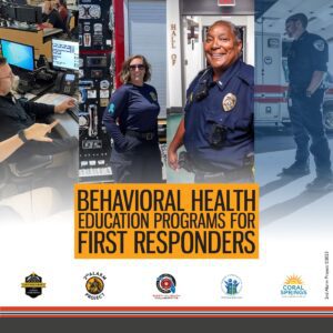 Collage of first responders, including dispatchers, paramedics, and police officers, promoting behavioral health education programs for first responders.