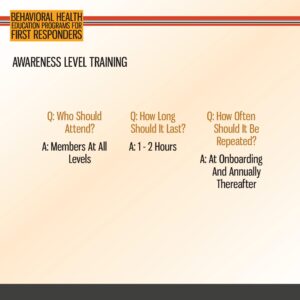 Slide describing awareness level training for first responders: attendees are all members, duration is 1–2 hours, and training is done at onboarding and annually thereafter.