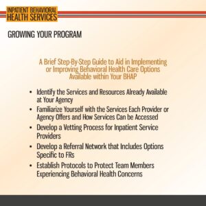 A slide titled "Growing Your Program" lists five steps for improving behavioral health care options within an agency’s Inpatient Behavioral Health Services.