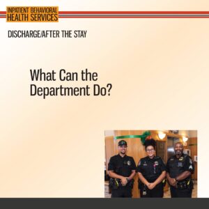 Three uniformed security officers stand side by side, smiling, in a hospital or medical facility setting under a heading about discharge and departmental services.
