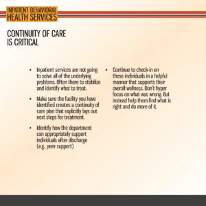 Presentation slide titled "Continuity of Care is Critical" with bullet points outlining steps for ongoing support in inpatient behavioral health services.