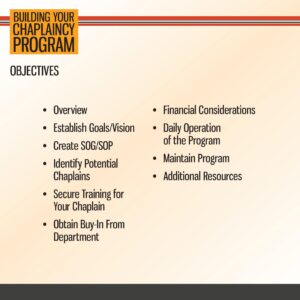 Slide titled "Building Your Chaplaincy Program" lists objectives including overview, goals, SOP, training, buy-in, financial considerations, daily operation, maintenance, and resources.
