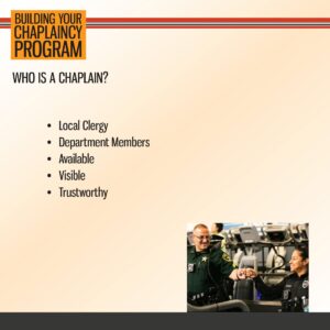 Slide titled "Who is a Chaplain?" listing qualifications, with a photo of a uniformed officer smiling and fist-bumping another person in uniform at the bottom right.