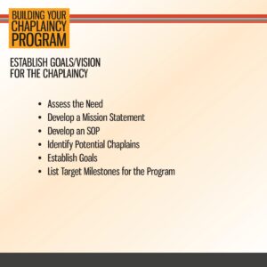 Slide titled "Building Your Chaplaincy Program" listing steps to establish goals and vision, including assessing needs, developing statements, and setting milestones.