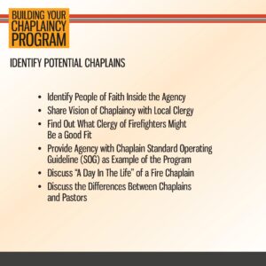 A presentation slide titled "Identify Potential Chaplains" lists steps for involving clergy and developing a chaplaincy program within an agency.