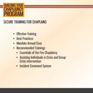 A presentation slide titled "SECURE TRAINING FOR CHAPLAINS" lists effective training, best practices, annual CEUs, and recommended trainings including crisis intervention.