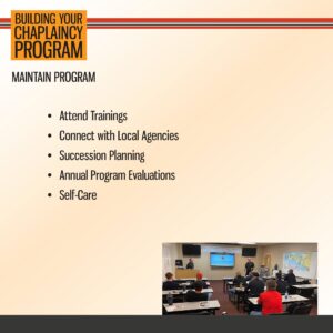 Slide titled "Maintain Program" lists steps for chaplaincy program upkeep. Includes a photo of people attending a training session in a classroom setting.