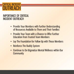 Slide titled "Critical Incident Outreach" listing objectives such as understanding resources, education, support, buddy system reinforcement, and destigmatizing mental wellness.