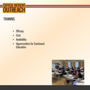 Slide titled "Critical Incident Outreach Training" lists key points; inset photo shows people seated at tables in a classroom setting, attending a training session.