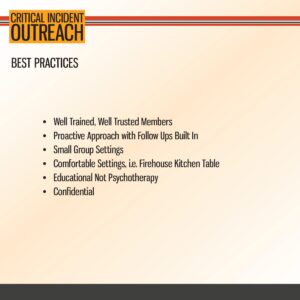 A presentation slide titled "Critical Incident Outreach Best Practices" lists six bulleted best practices for effective outreach.
