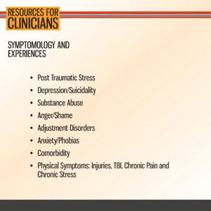 Slide titled "Resources for Clinicians" listing symptomology and experiences: PTSD, depression, substance abuse, anger, adjustment disorders, anxiety, comorbidity, and physical symptoms.