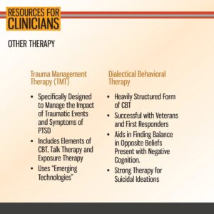 Slide listing "Trauma Management Therapy" and "Dialectical Behavioral Therapy" with bullet points on each therapy’s structure, uses, and benefits for PTSD, trauma, and cognitive balance.
