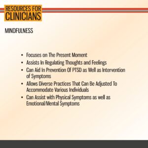 Slide titled "Resources for Clinicians: Mindfulness" lists five bullet points on the benefits and applications of mindfulness in clinical practice.