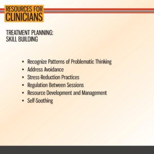 Slide titled "Resources for Clinicians" lists six treatment planning skill-building topics, including problematic thinking, avoidance, stress reduction, regulation, resources, and self-soothing.
