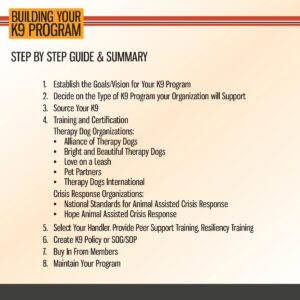 A slide titled "Building Your K9 Program" lists an 8-step guide, including goal setting, sourcing, training, handler selection, policy creation, and program maintenance.