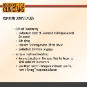 A presentation slide titled "Resources for Clinicians" lists clinician competencies, including cultural competency and increasing treatment modalities for first responder therapy.